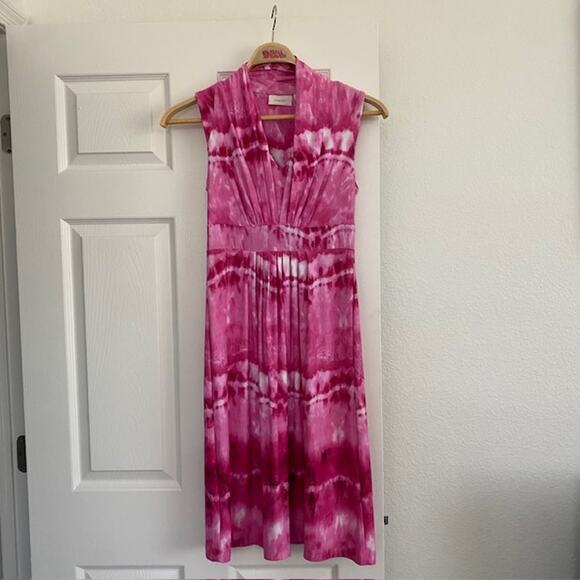 Chico's 0 Pink & White Tie Dye Midi Dress Sleeveless V-Neck Women's Small - Picture 1 of 8
